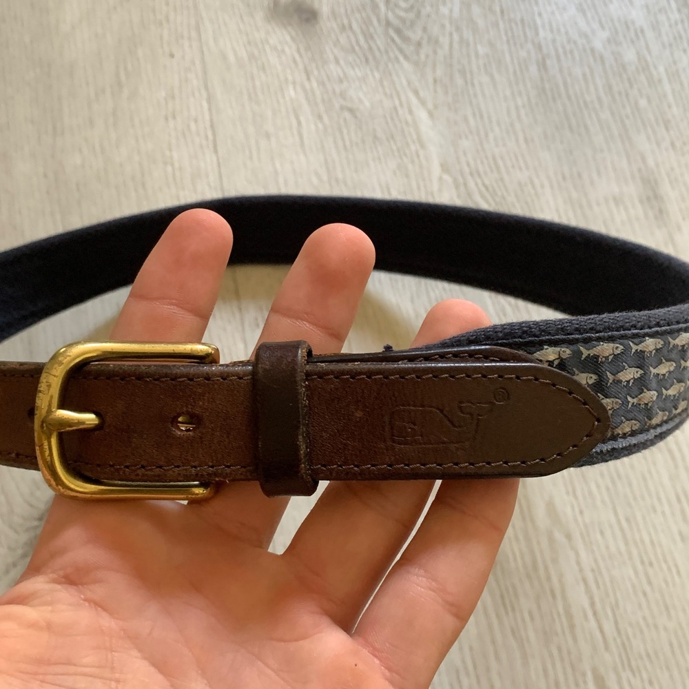 Vineyard Vines Boys Navy Blue Fish Canvas Leather Club Belt Size‎ 28 Made in USA